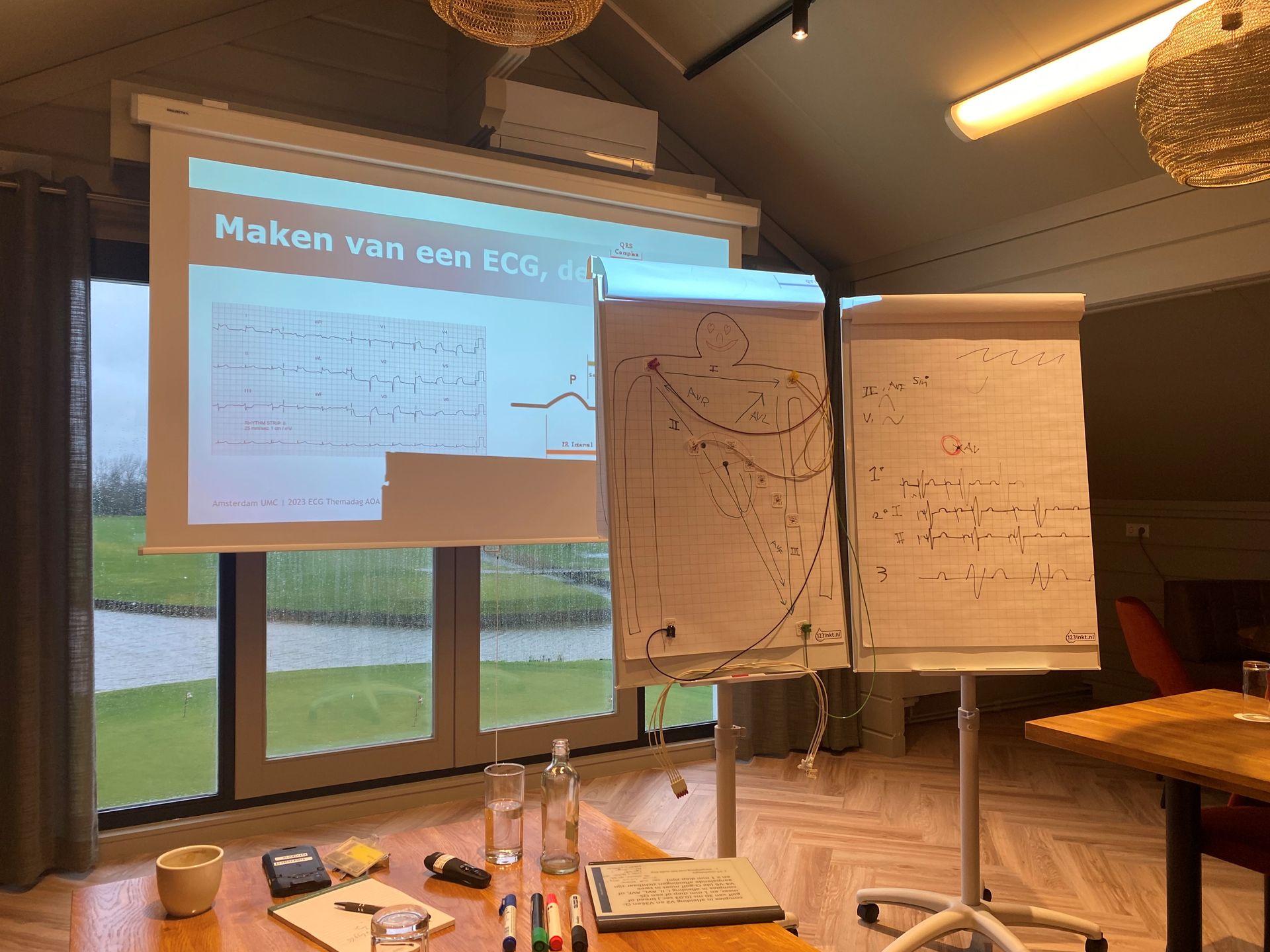 Een presentatieruimte met een tekstscherm, een flip-over en uitzicht op een groen veld.