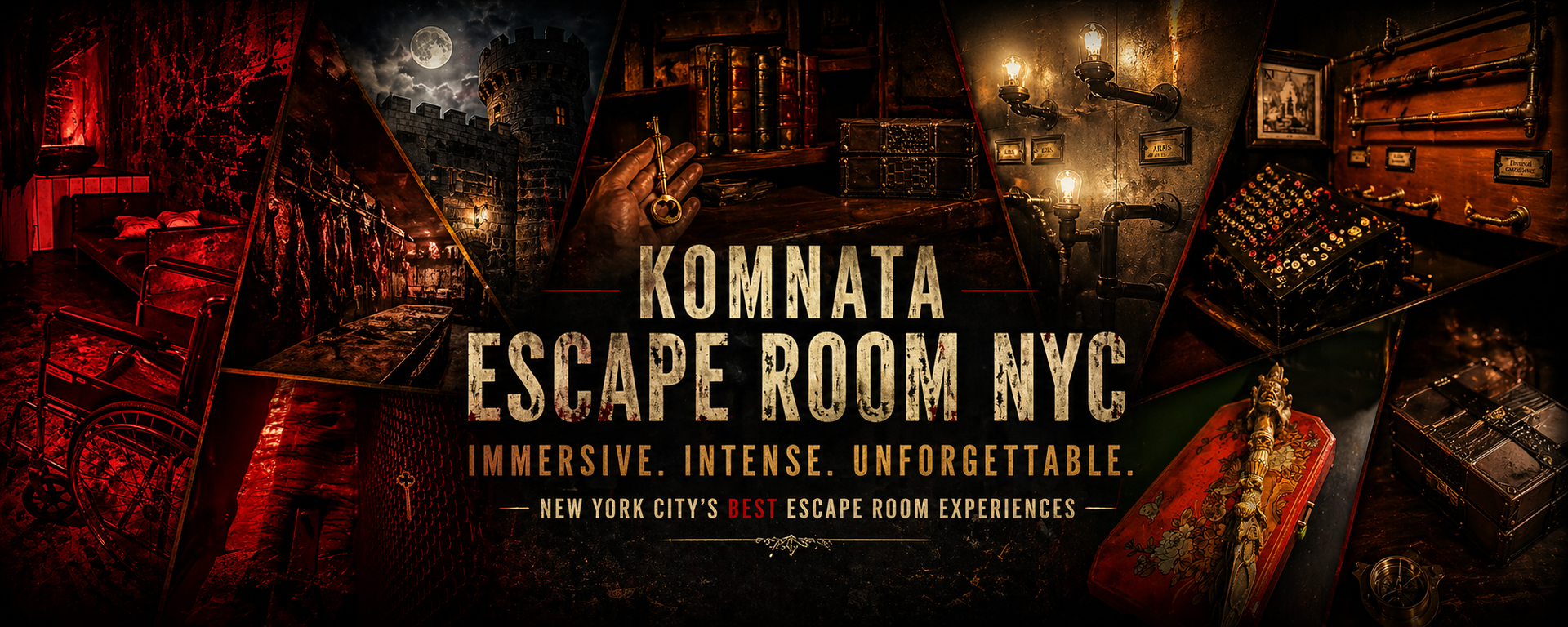 Dark poster with bold white text over a red-and-gold, cityscape-like background at night