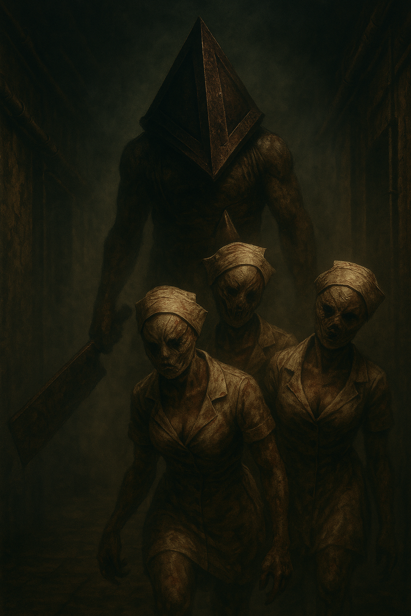 Promotional image for "City of Ashes," inspired by Silent Hill, features Pyramid Head silhouette and shadowy figures.