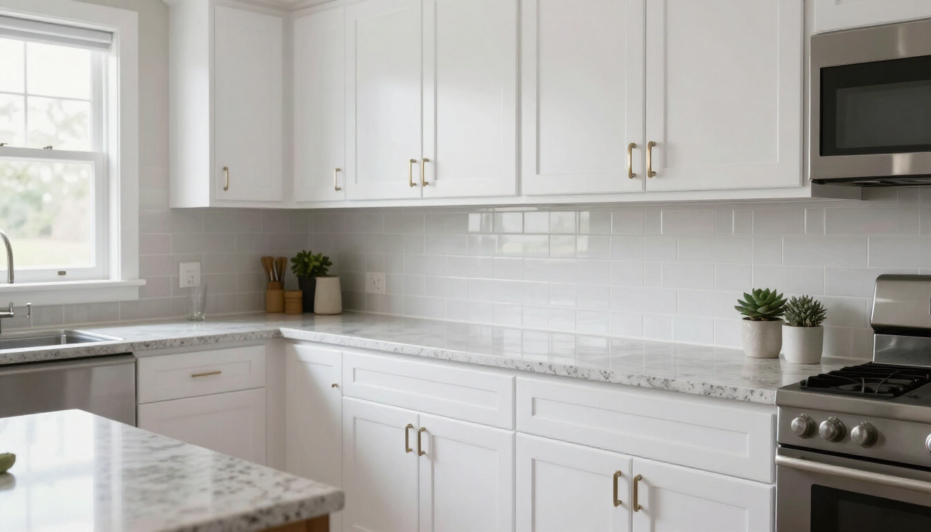 Bright white modern kitchen with marble countertops, cabinets, window, sink, and stainless steel stove and microwave