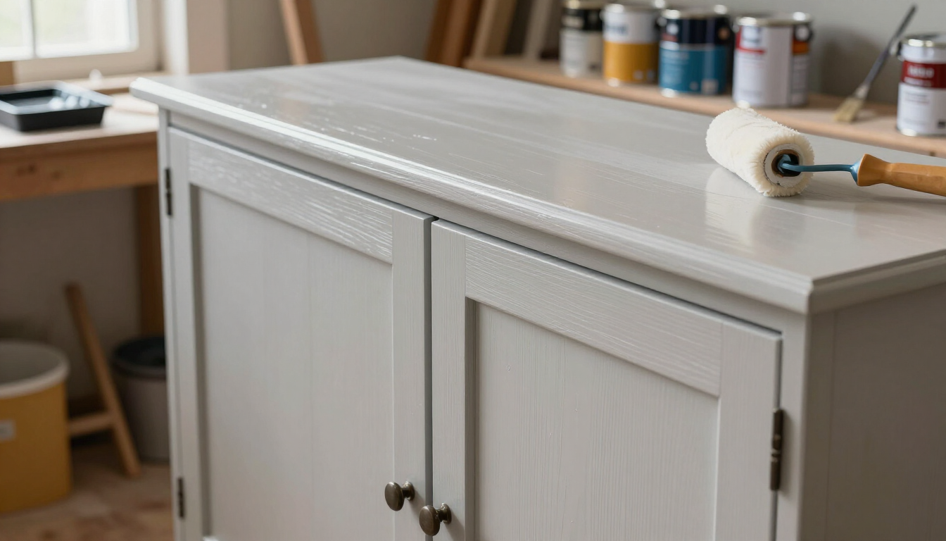 White kitchen island with cabinet doors, paint cans in the background, and a paint roller on top