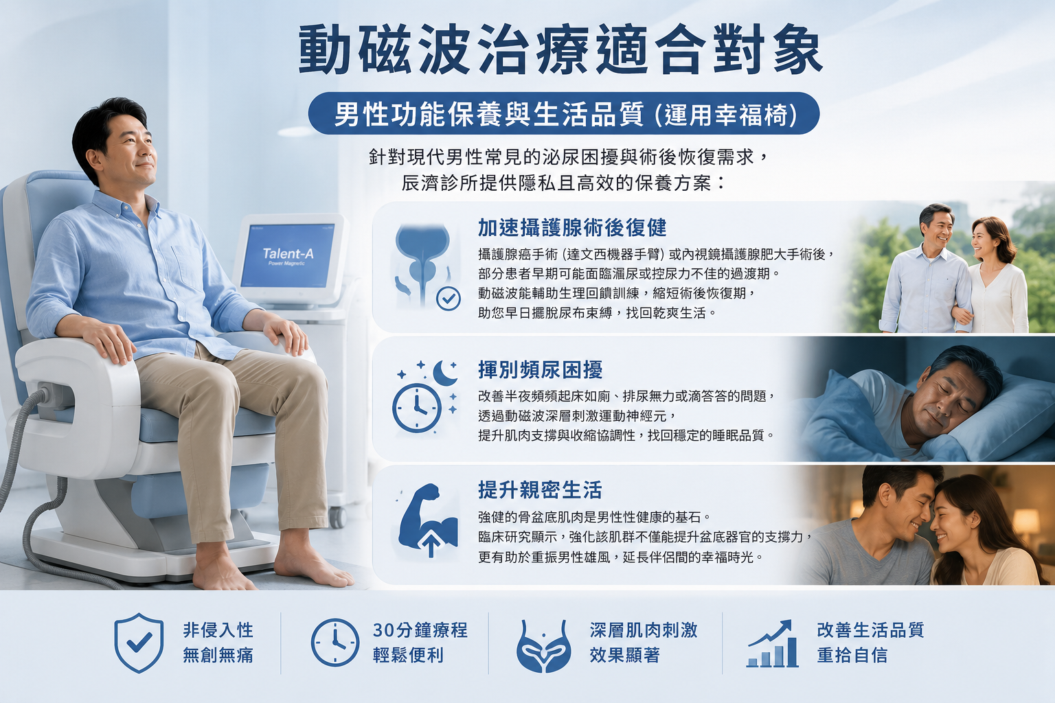 新竹泌尿科診所-辰淯診所提供的動磁波物理治療服務示意圖,提供男性病患解決頻尿問題並提供他