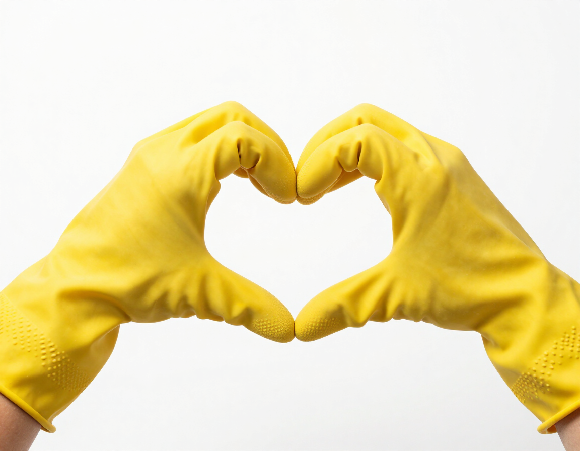 Cleaning gloves forming a heart, representing the husband-and-wife cleaning team of MHS Cleaning LLC serving Martin County and Palm Beach County FL