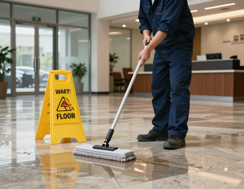 Janitor mopping a business floor during commercial cleaning and janitorial services in Martin County FL