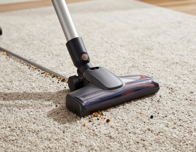 Vacuuming debris from a carpet during a deep cleaning service in Palm Beach County FL