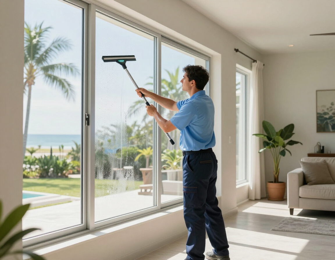 Professional cleaner wiping a window during a residential cleaning service in Martin County FL