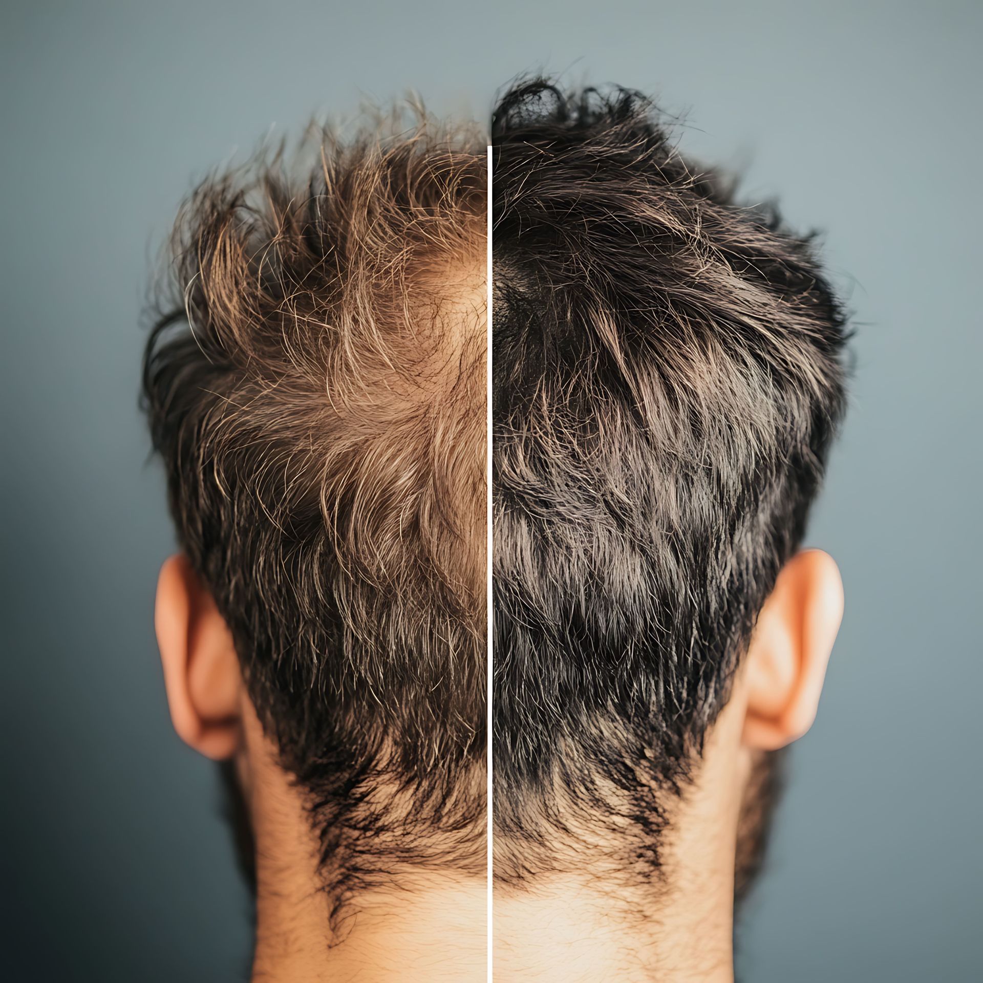 Parte de trás da cabeça mostrando uma comparação lado a lado de rarefação capilar, com cabelo castanho e área calva