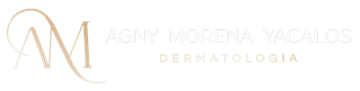 Monograma “AM” em dourado e texto cinza claro com a inscrição “Mayra Moreno Vaca CS Dermatología” sobre fundo branco.