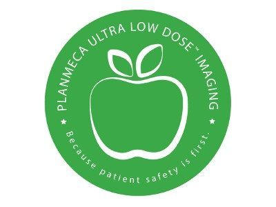 Green circular logo with a white apple outline,