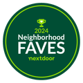 A green circle with the words neighborhood faves nextdoor on it