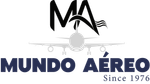 Logotipo de Mundo Aéreo con las letras estilizadas "MA" sobre la silueta de un avión gris claro y el texto "Desde 1976".