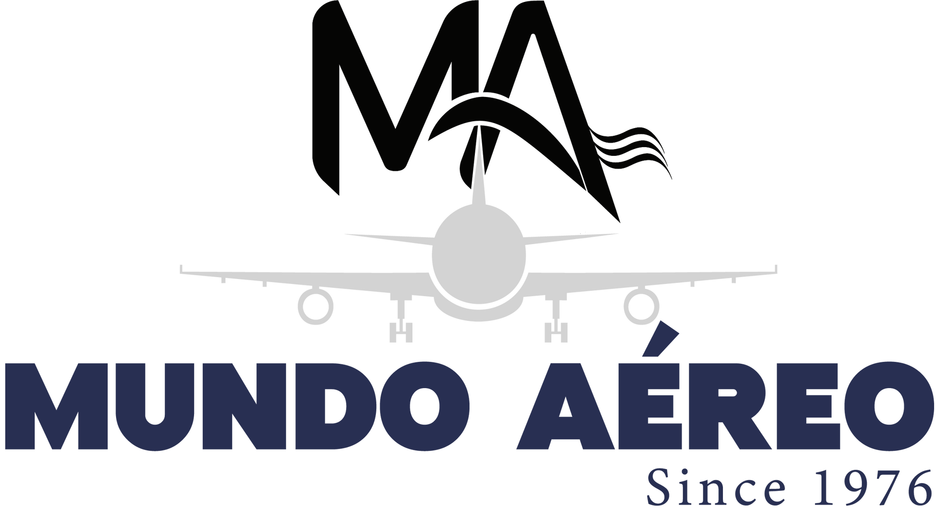 Logotipo de Mundo Aéreo con las letras estilizadas "MA" sobre la silueta de un avión gris claro y el texto "Desde 1976".