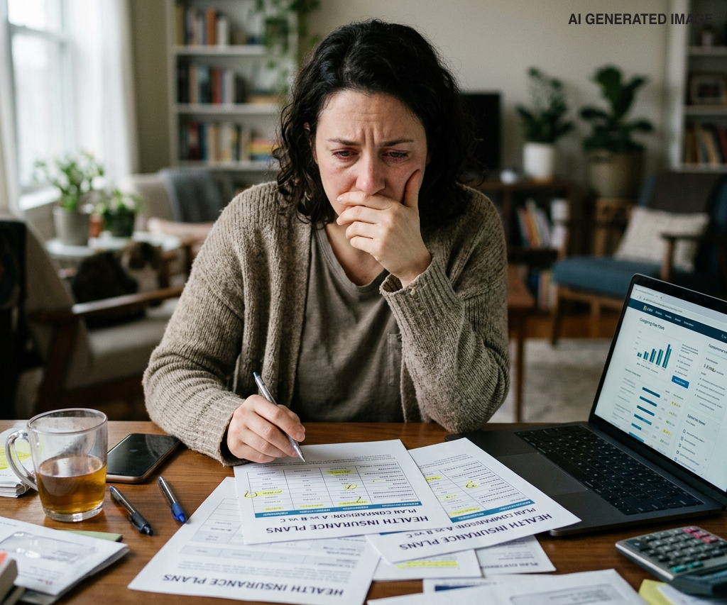 Woman at a desk reviewing charts with a laptop, hand over mouth, looking concerned