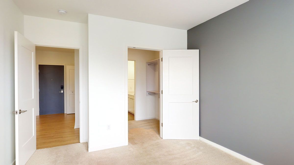 Here at Vim + Vigor Lofts in Wisconsin. A spacious bedroom features soft carpeting, a modern gray accent wall, open closet access, and a bright doorway to the home.