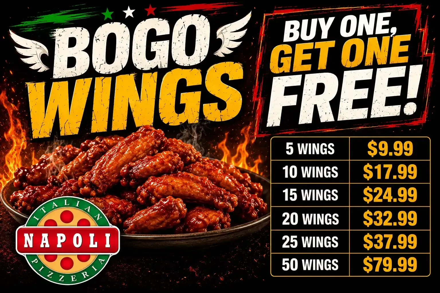 Pizza and Wings specials at Napoli Italian Pizzeria