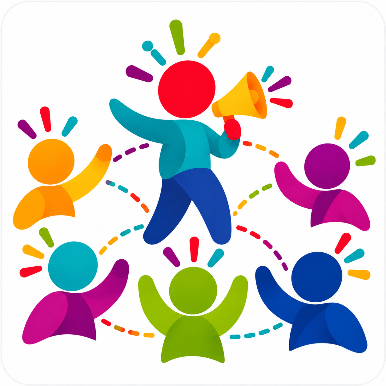 Colorful people icons connected by dotted lines, surrounding a central figure holding a megaphone.