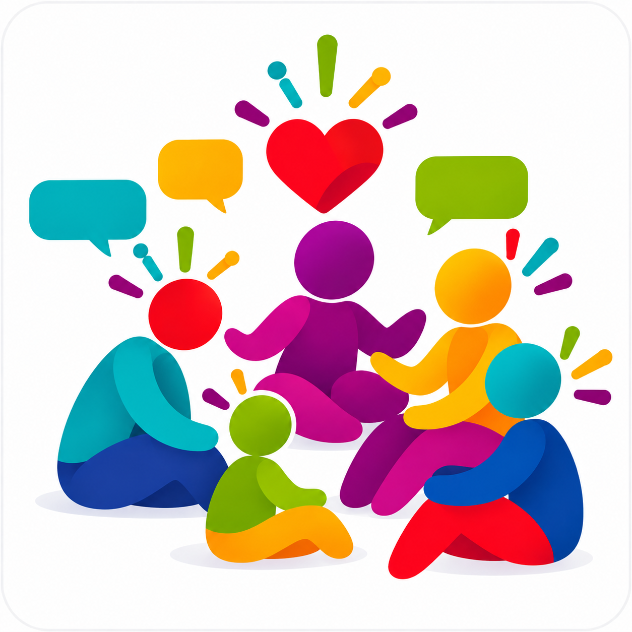 Colorful group of people sitting together in a circle with speech bubbles and a heart above them