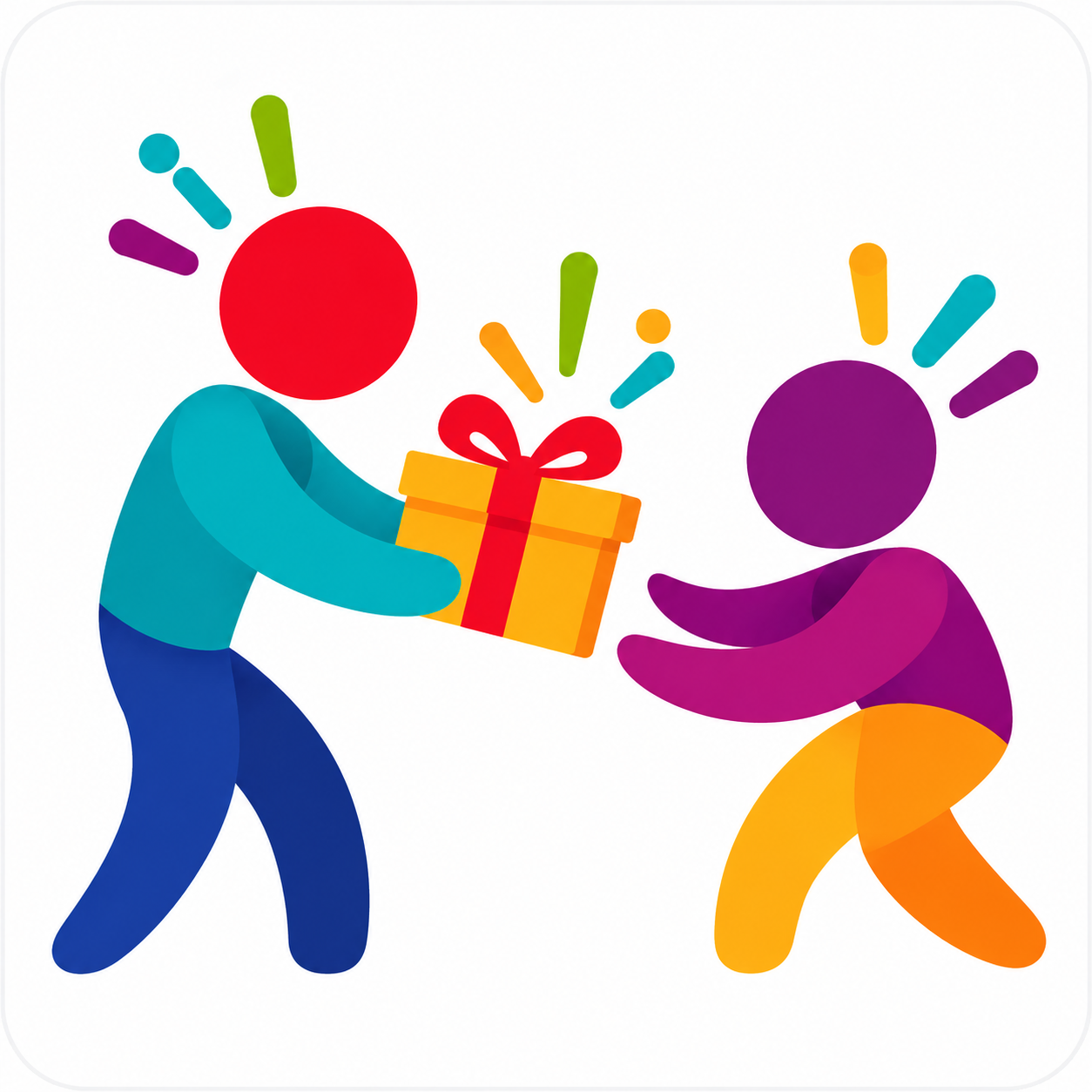 Two colorful figures exchange a wrapped gift on a white background