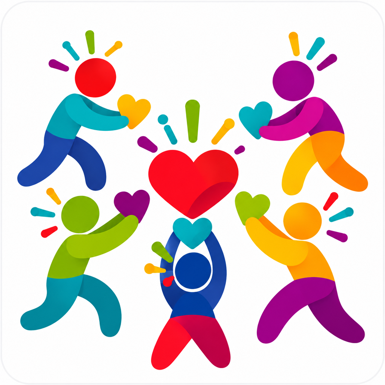 Colorful people icons holding hands around a large red heart, symbolizing teamwork and care