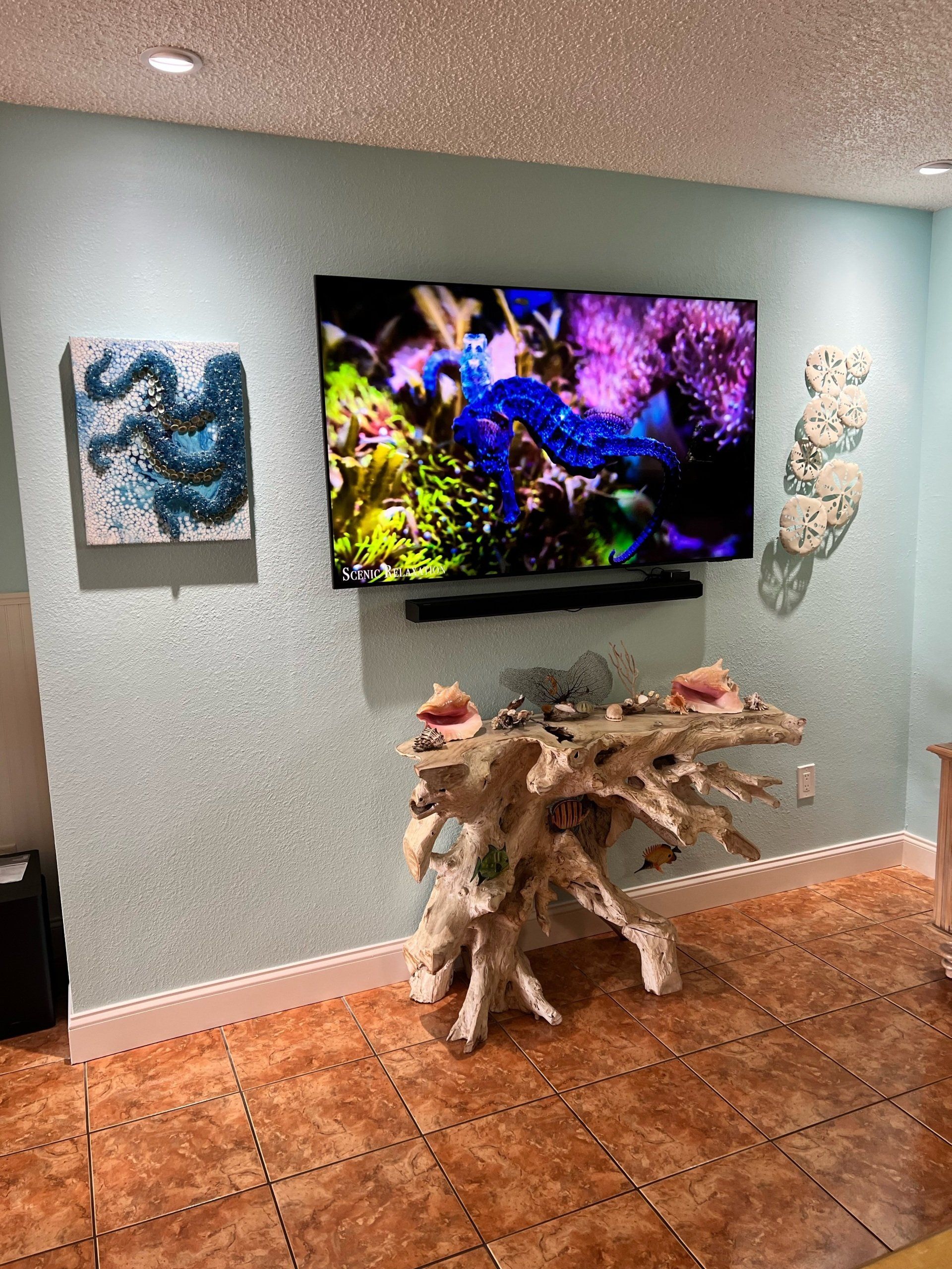 TV above a unique wood console against a blue wall; art and coral decor.