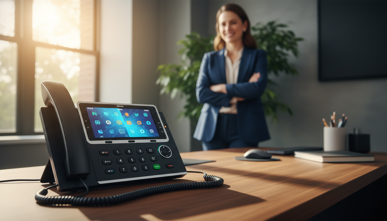 Desk phone with touchscreen, woman in blue blazer in blurred background. Office setting.