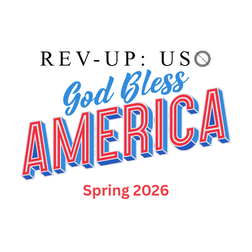 Rev-Up! USA “God Bless America” text in red, blue, and white with “Spring 2026” below