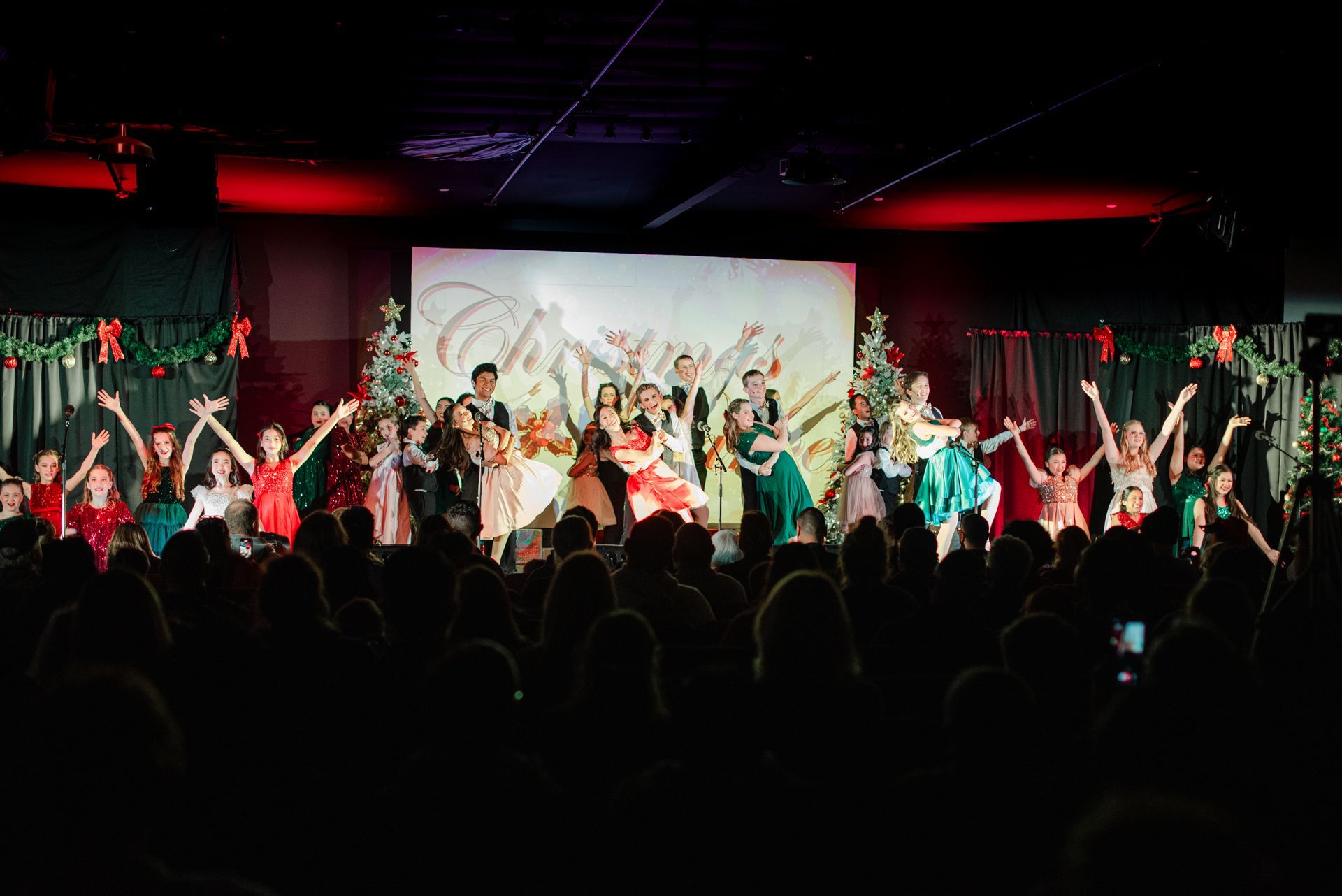 Performers in colorful costumes dancing on a lit stage before a cheering audience