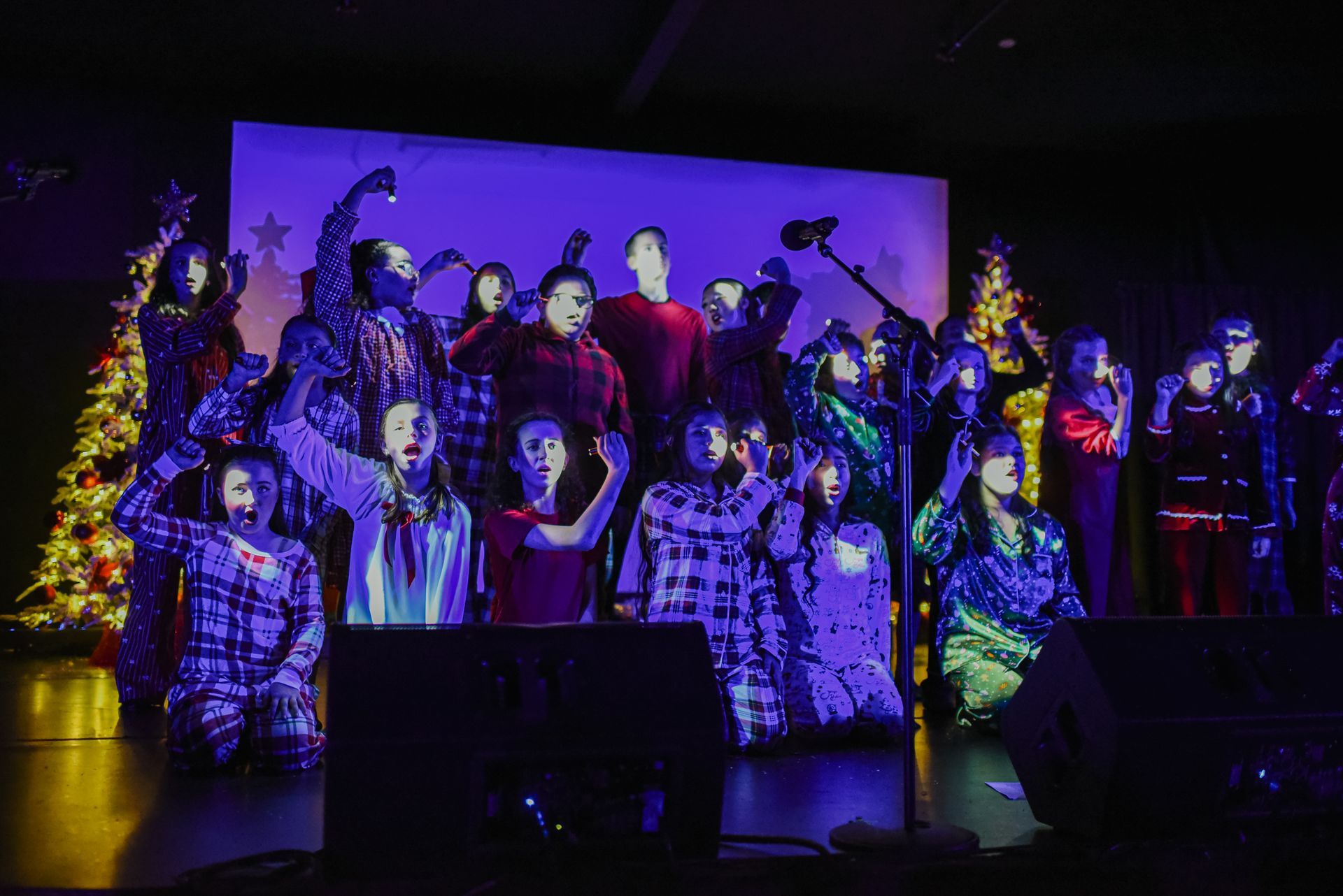 Group of performers on a dimly lit stage with colorful purple and blue lighting, posing with raised arms
