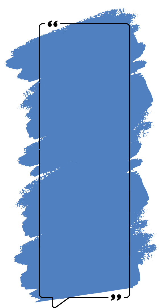 A blue speech bubble with a black frame on a white background.