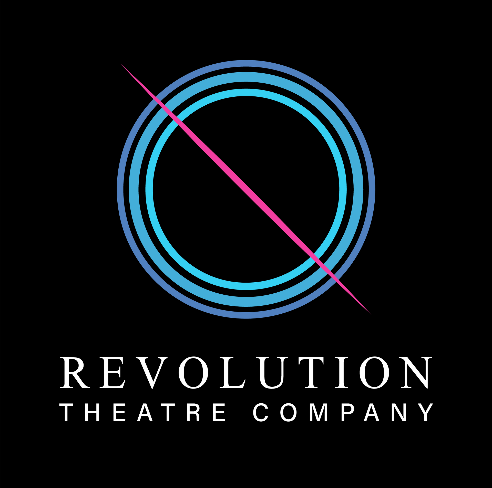 The logo for revolution theatre company is a circle with a pink line through it.