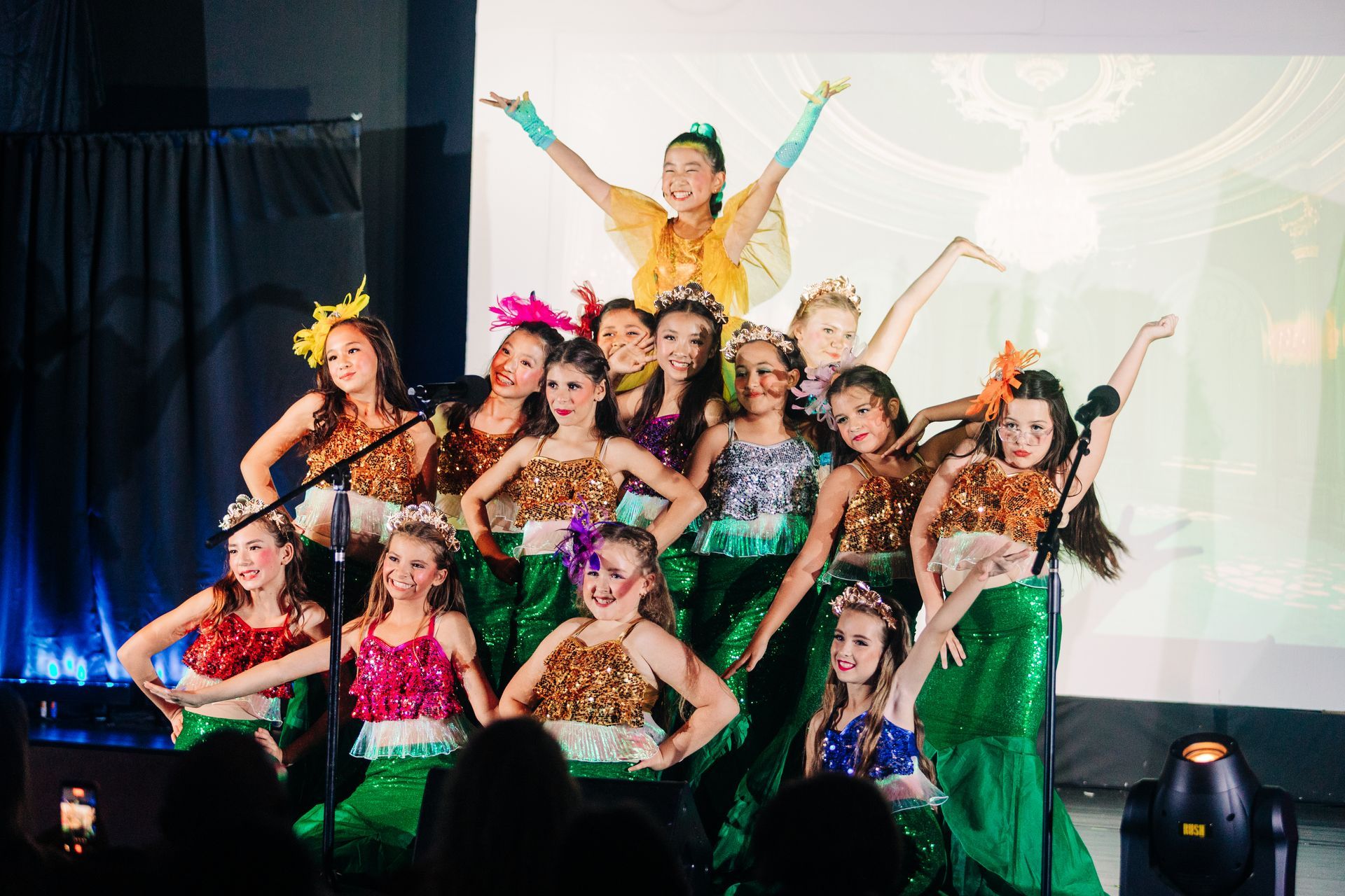 Costumed dancers posing on stage in colorful sequined outfits with arms raised