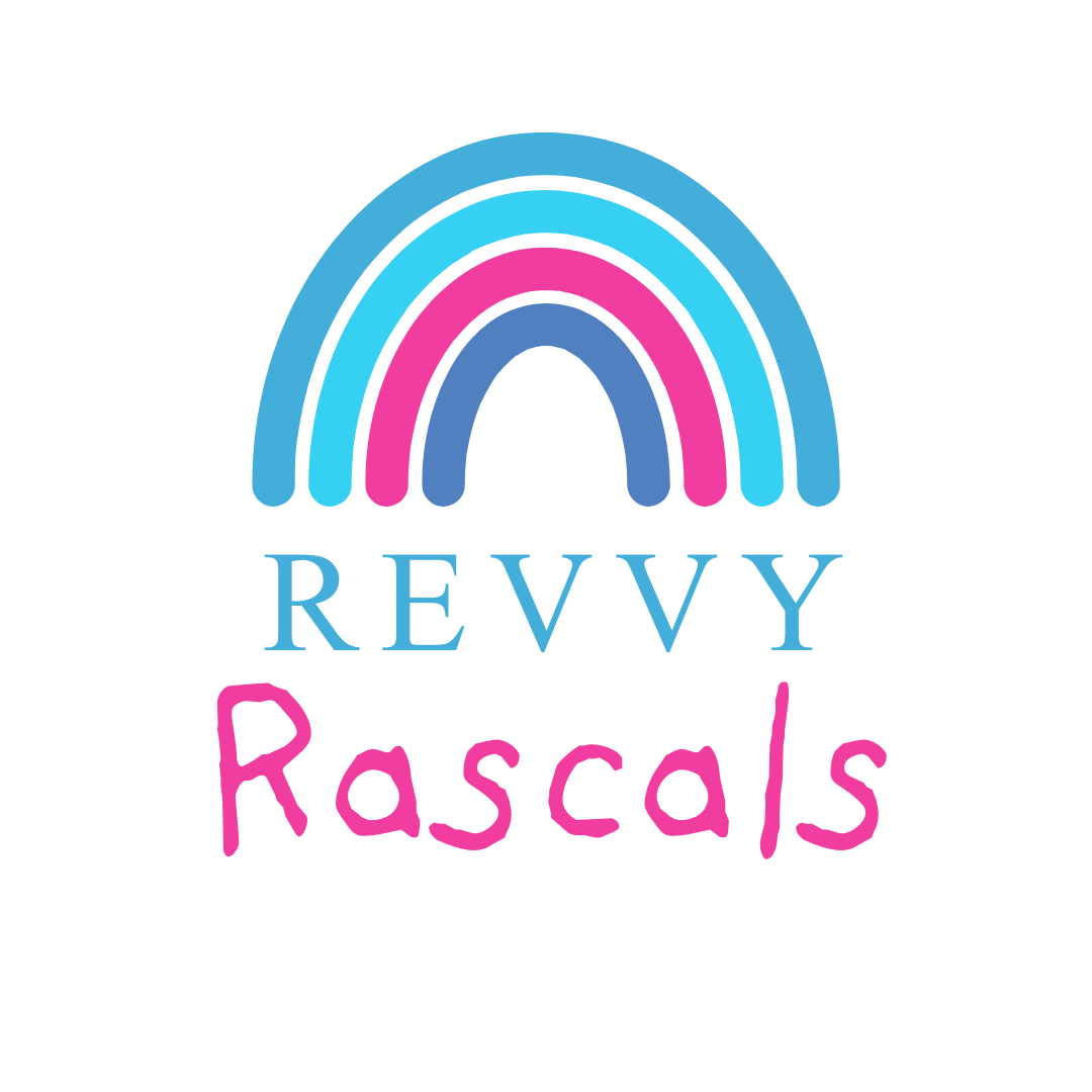 A logo for revvy rascals with a rainbow in the middle