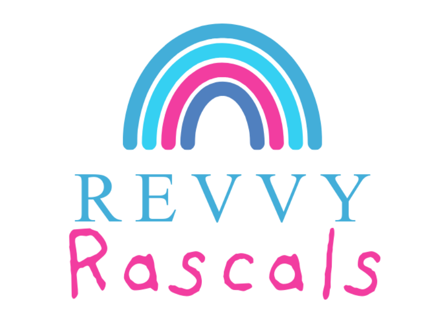 Revvy Rascals logo with a blue and pink rainbow over the brand name