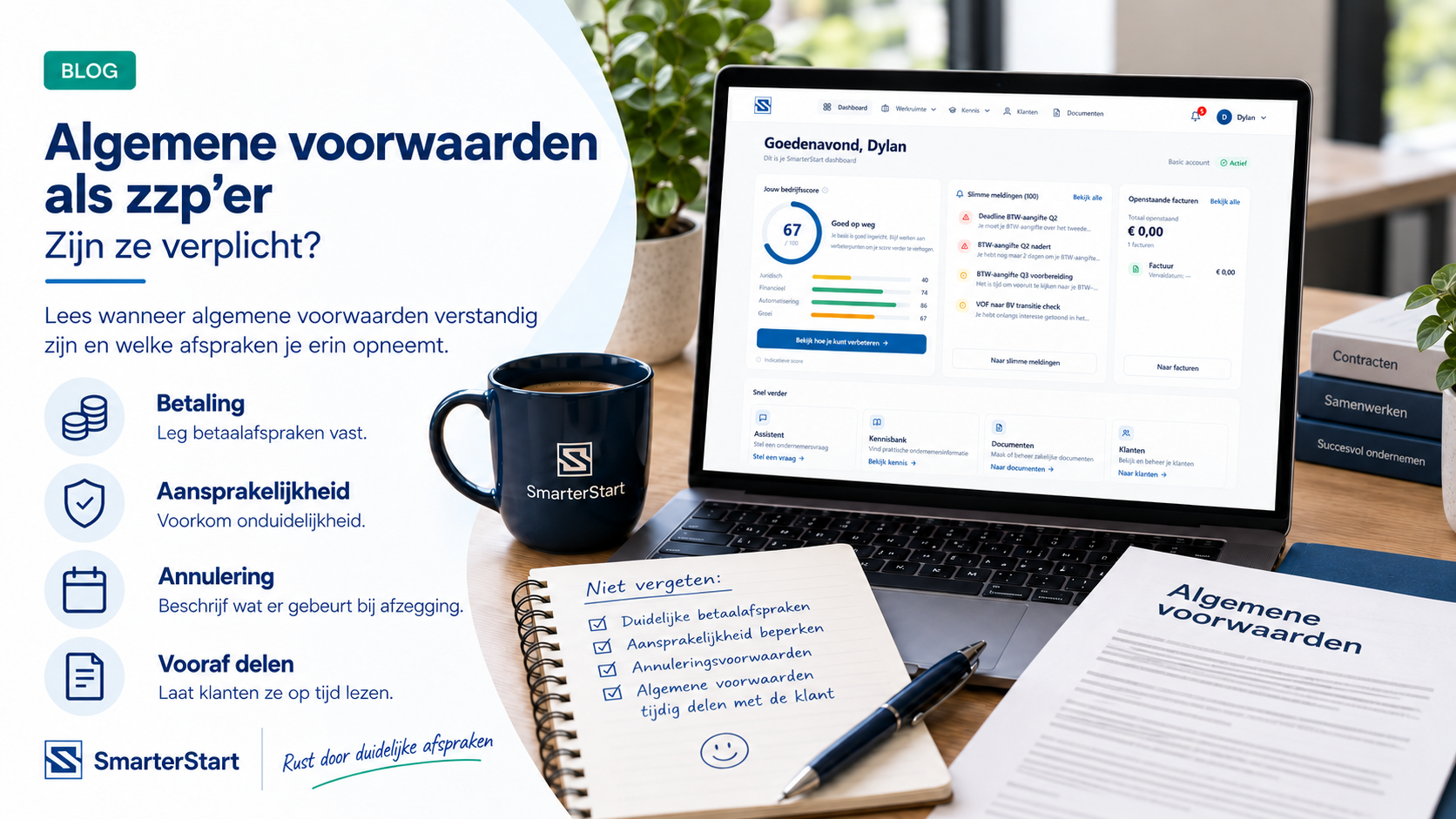 Dutch “Algemene voorwaarden” brochure beside laptop, mug, notebook and paper on a desk.