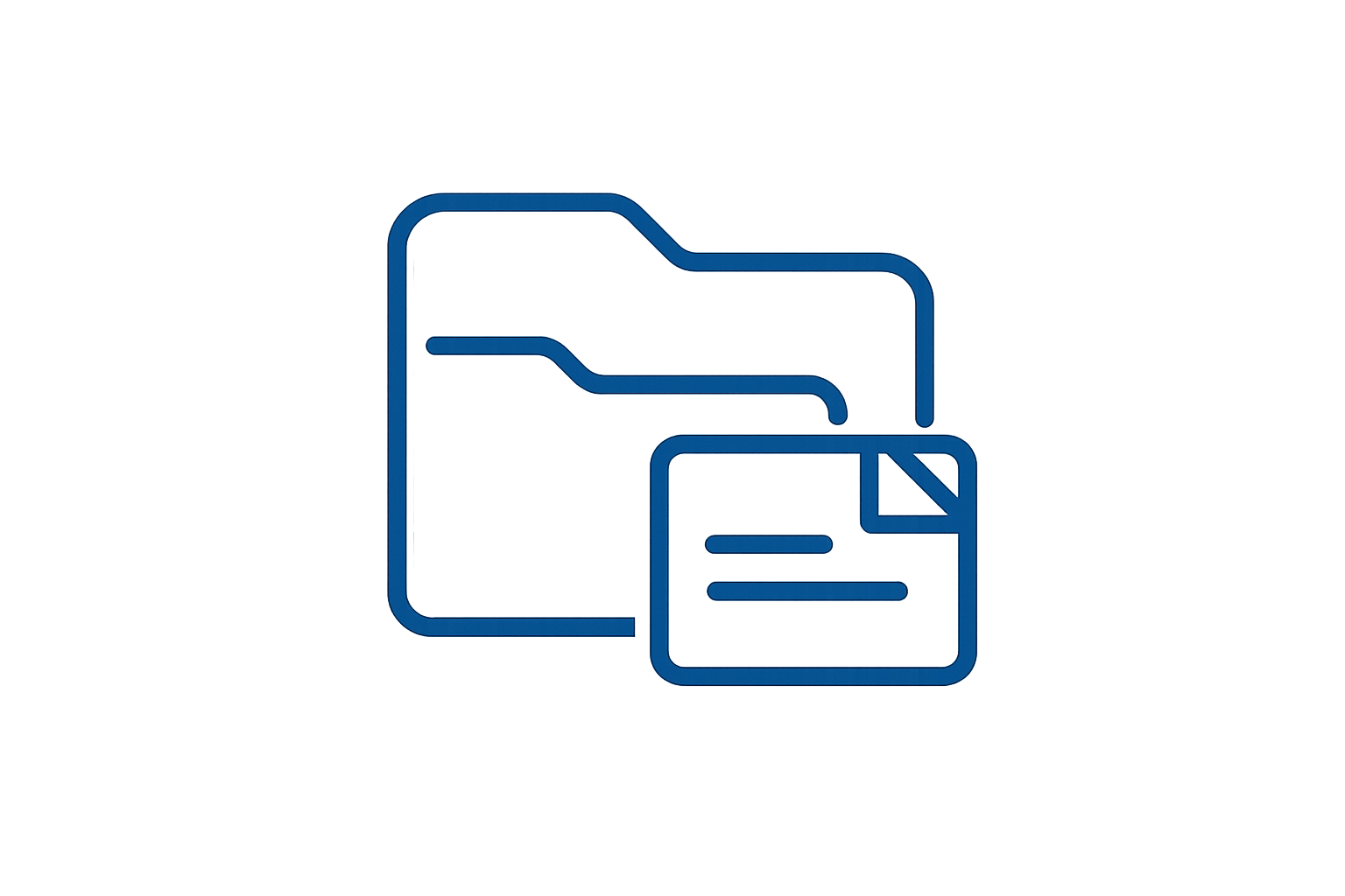 Blauwe omtrek van twee overlappende mappen met een documentpictogram ervoor.