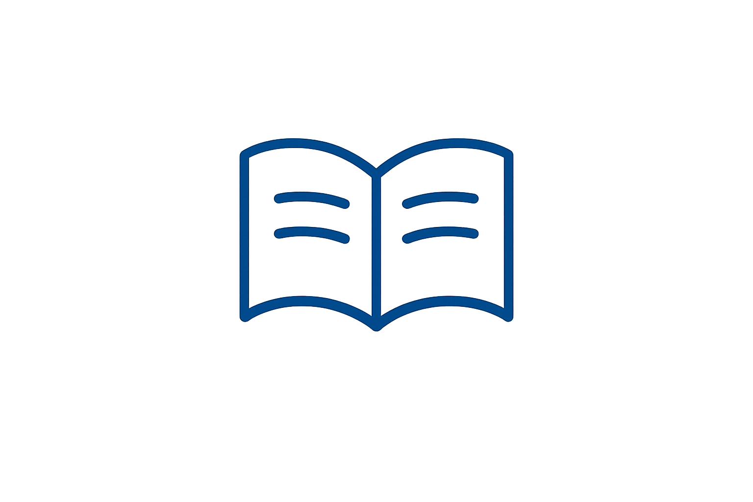 Blauw omlijnd pictogram van een open boek met twee pagina's en lijnen die tekst suggereren.