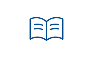 Blauw omlijnd pictogram van een open boek met twee pagina's en lijnen die tekst suggereren.