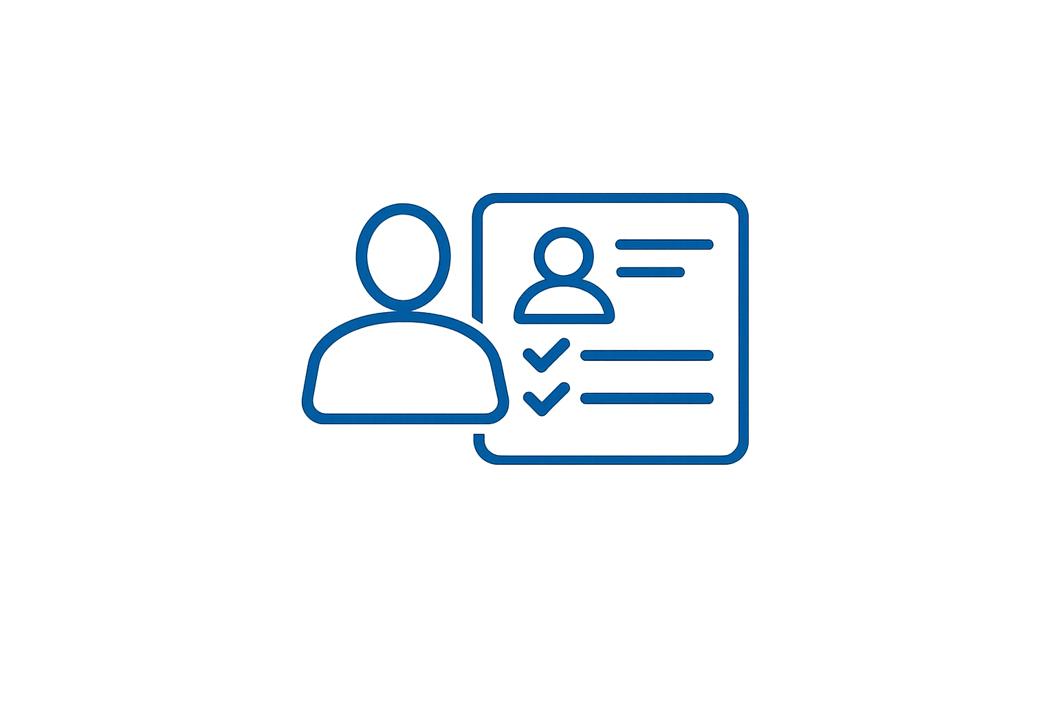 Blauw omlijnd pictogram van een persoon naast een profielkaart met checklistlijnen