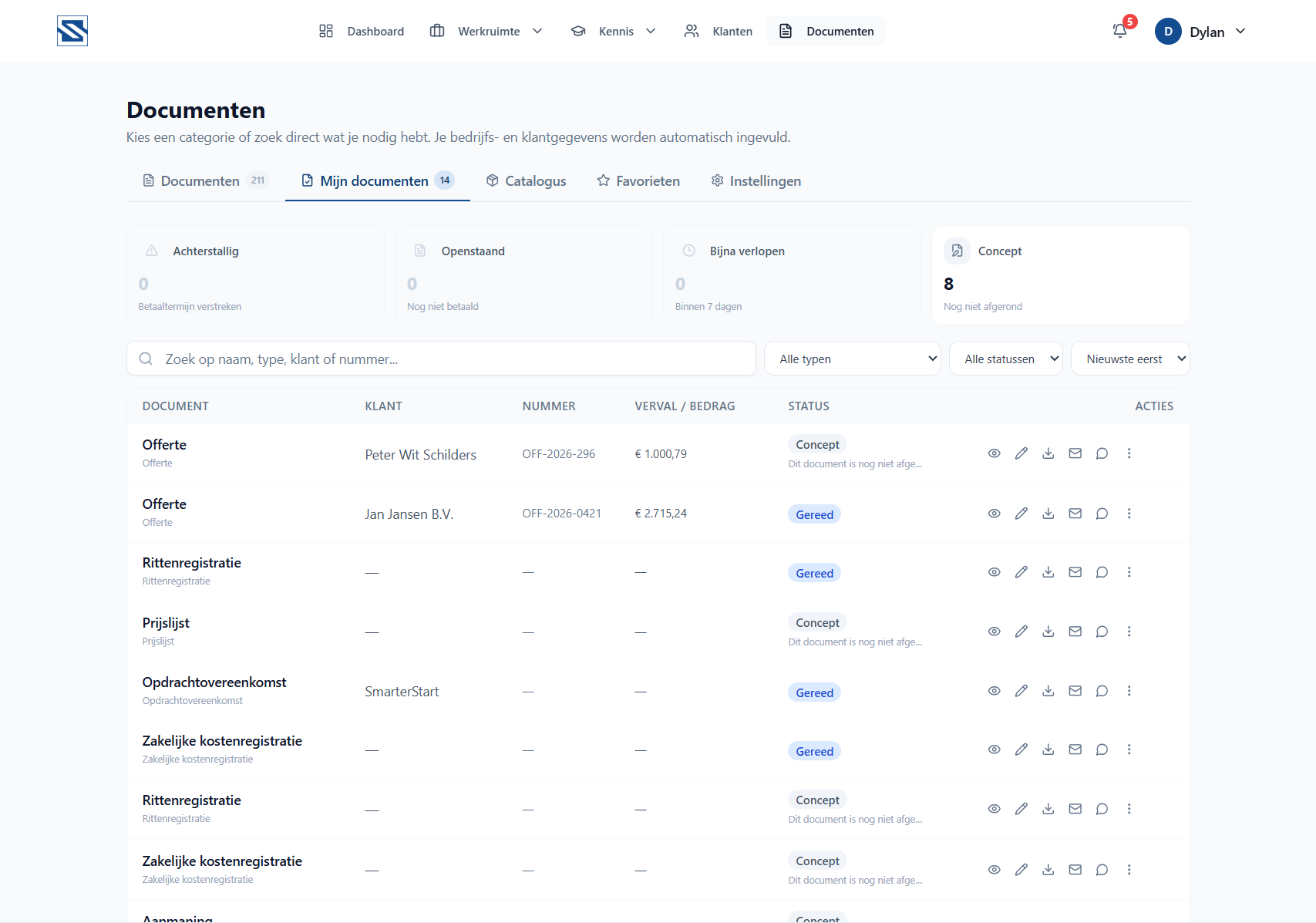 Webapp-dashboard met een tabel met documenten, filters, statuslabels en actiepictogrammen.