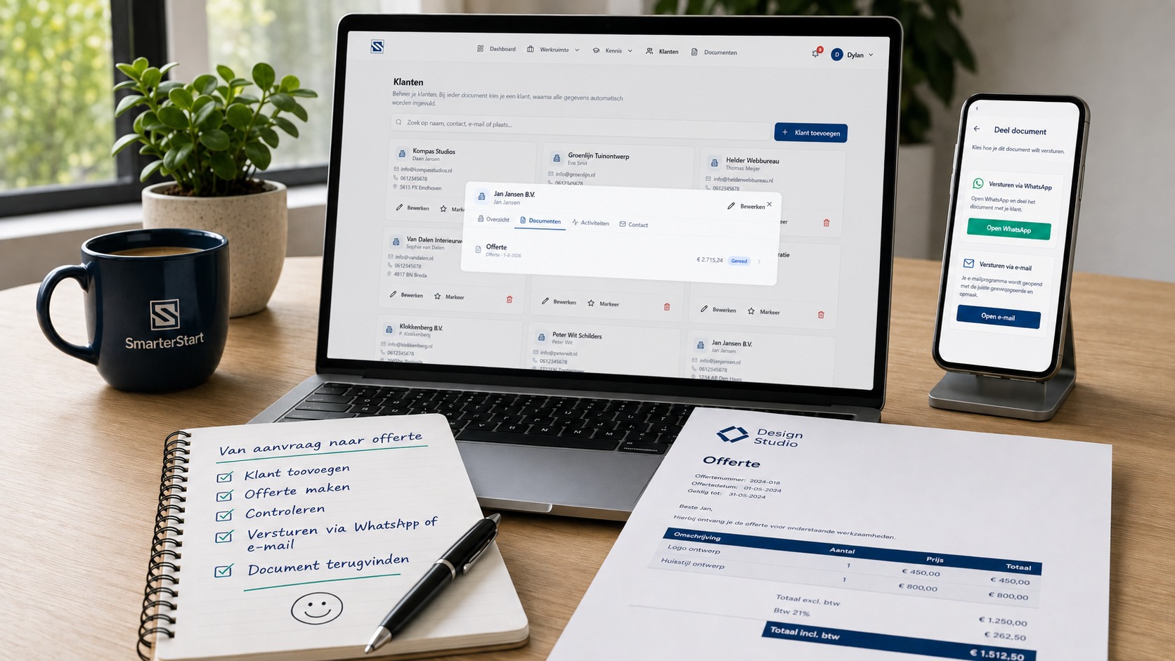 Klantbeheer in SmarterStart met klantkaart, offerte en documenten delen via WhatsApp of e-mail.