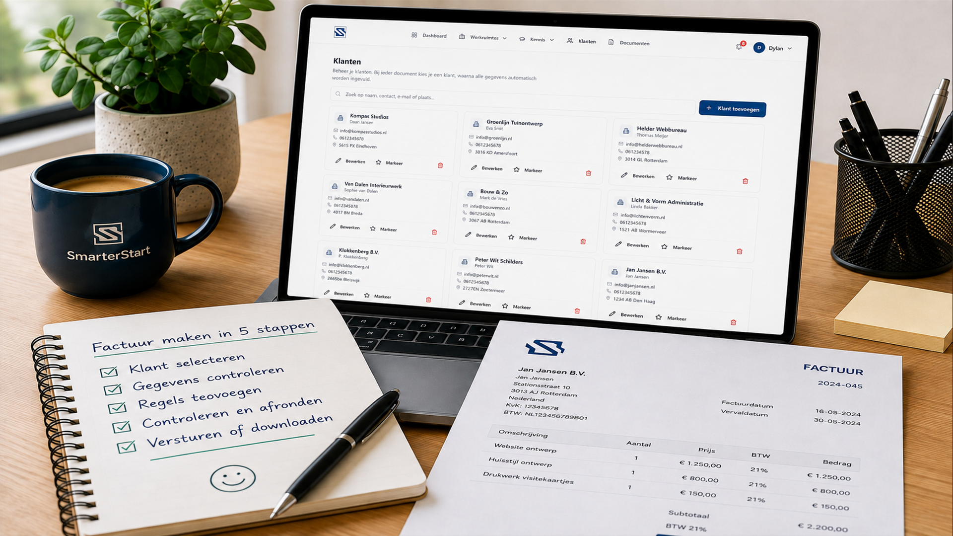 Offerte en factuur maken in SmarterStart vanuit een klantkaart met eigen logo en huisstijl.