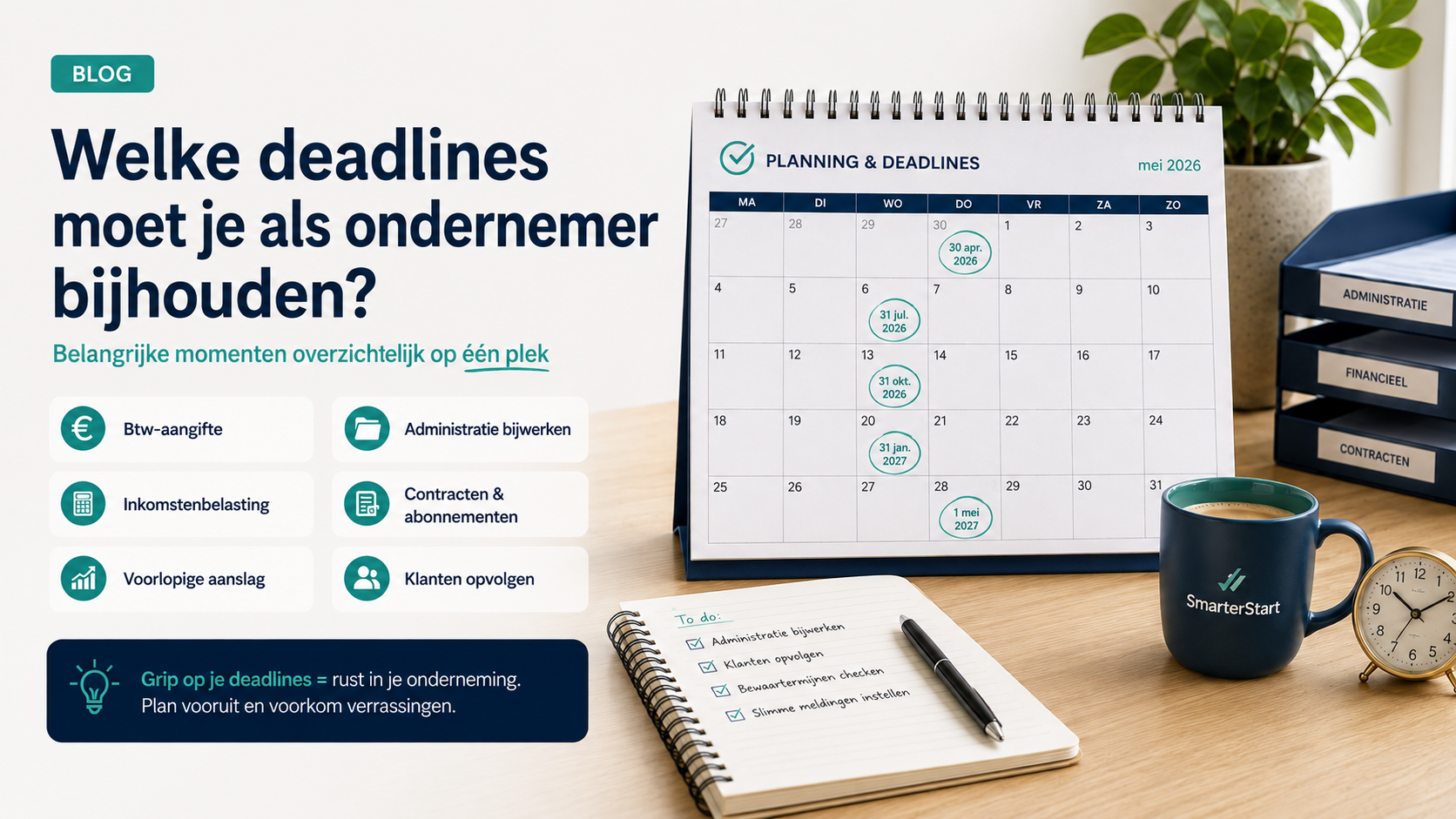  Ondernemer houdt fiscale en administratieve deadlines bij in een zakelijke kalender.