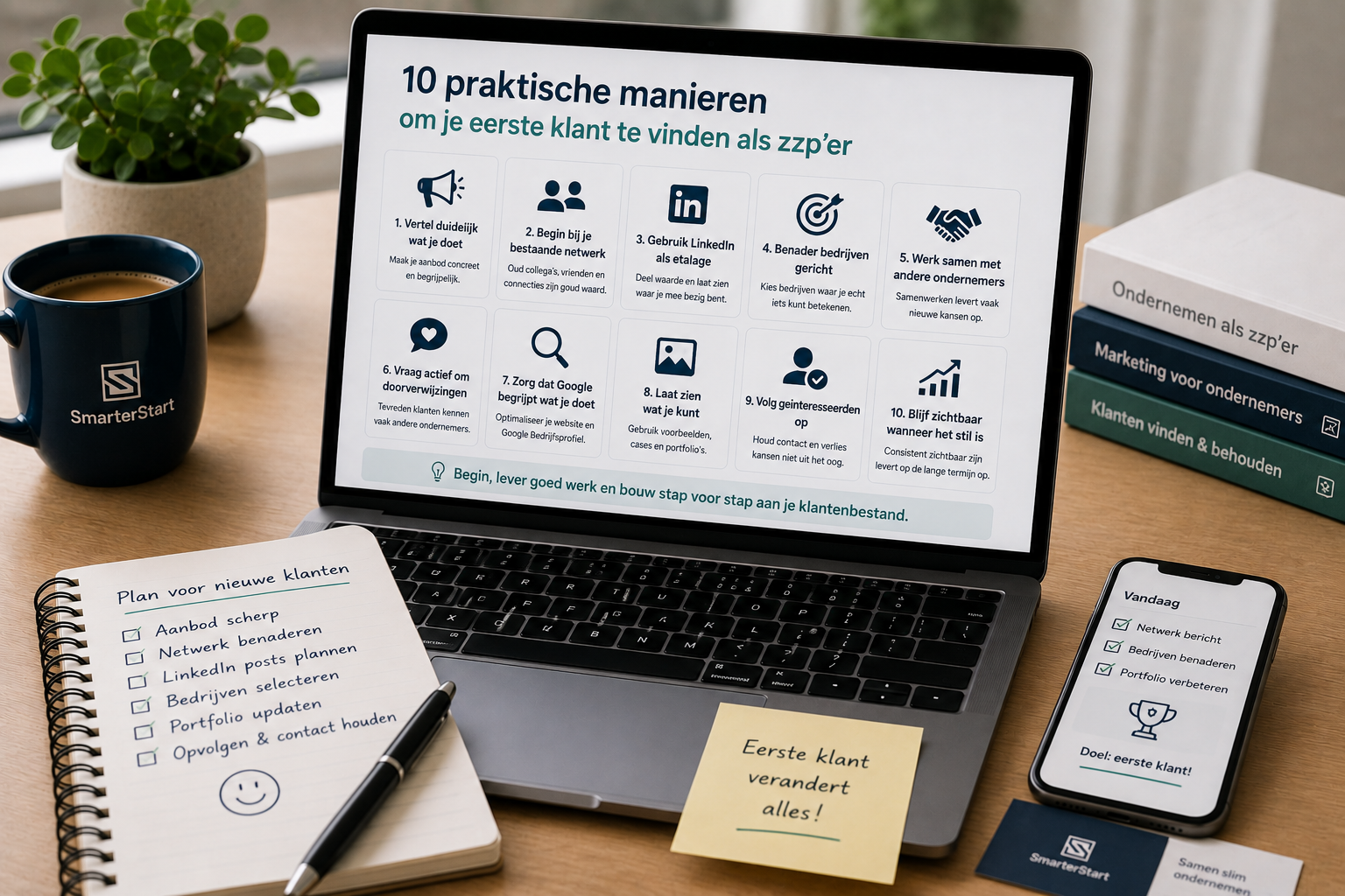 Startende zzp’er zoekt nieuwe klanten en houdt potentiële opdrachten overzichtelijk bij.