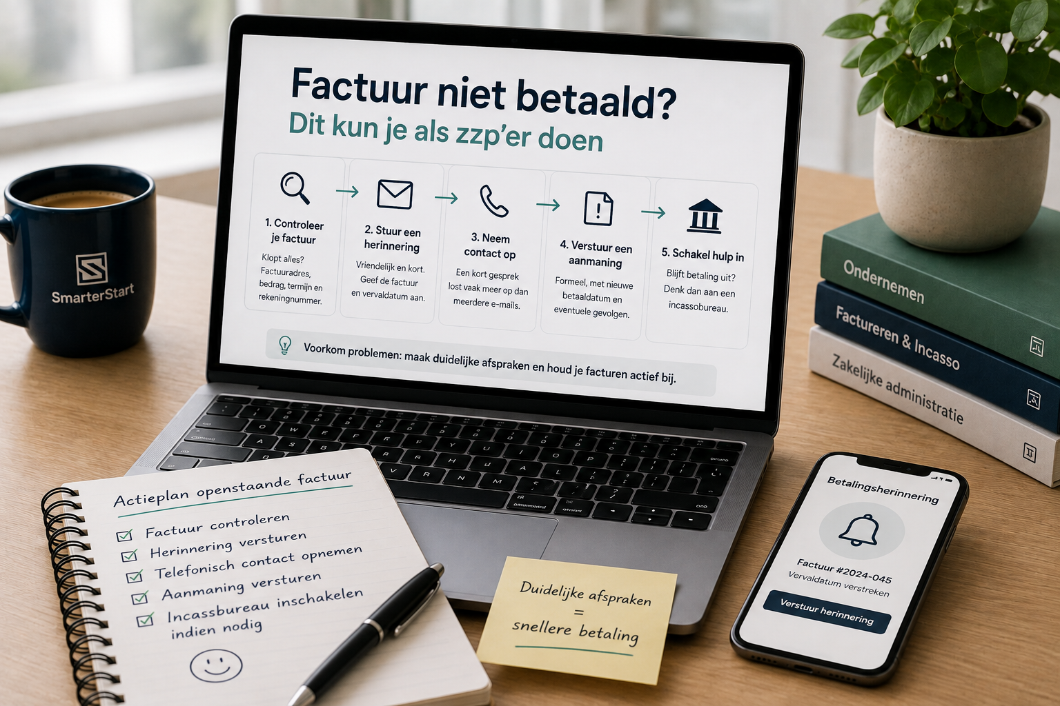 Ondernemer controleert een openstaande factuur en stuurt een betalingsherinnering naar een klant.