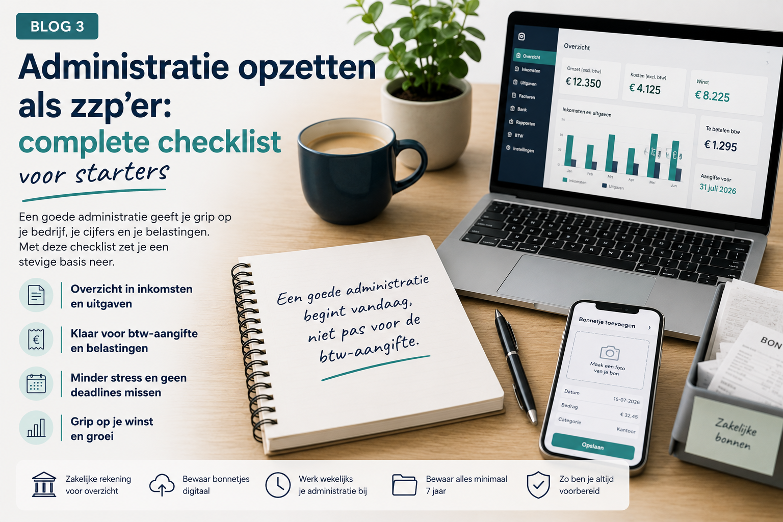 Checklist over administraties op tafel met laptop, smartphone, notitieboek en kopje koffie in een lichte werkruimte