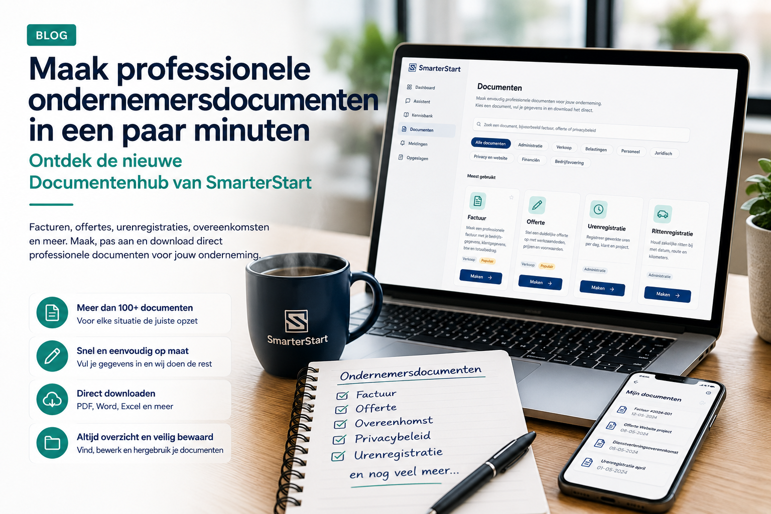 Ondernemer die zakelijke documenten opstelt en beheert op een laptop