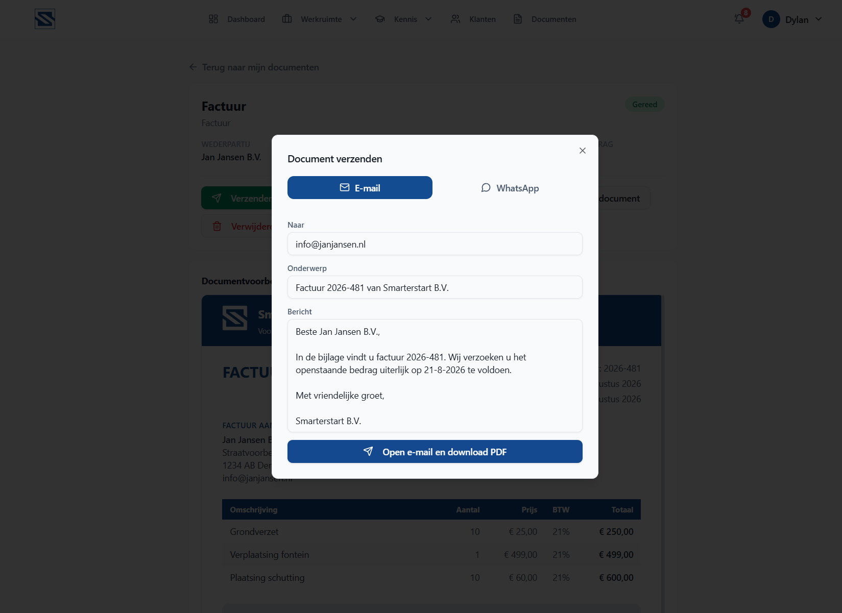 Offerte of factuur vanuit SmarterStart delen via e-mail of WhatsApp met een vooraf ingevuld bericht.