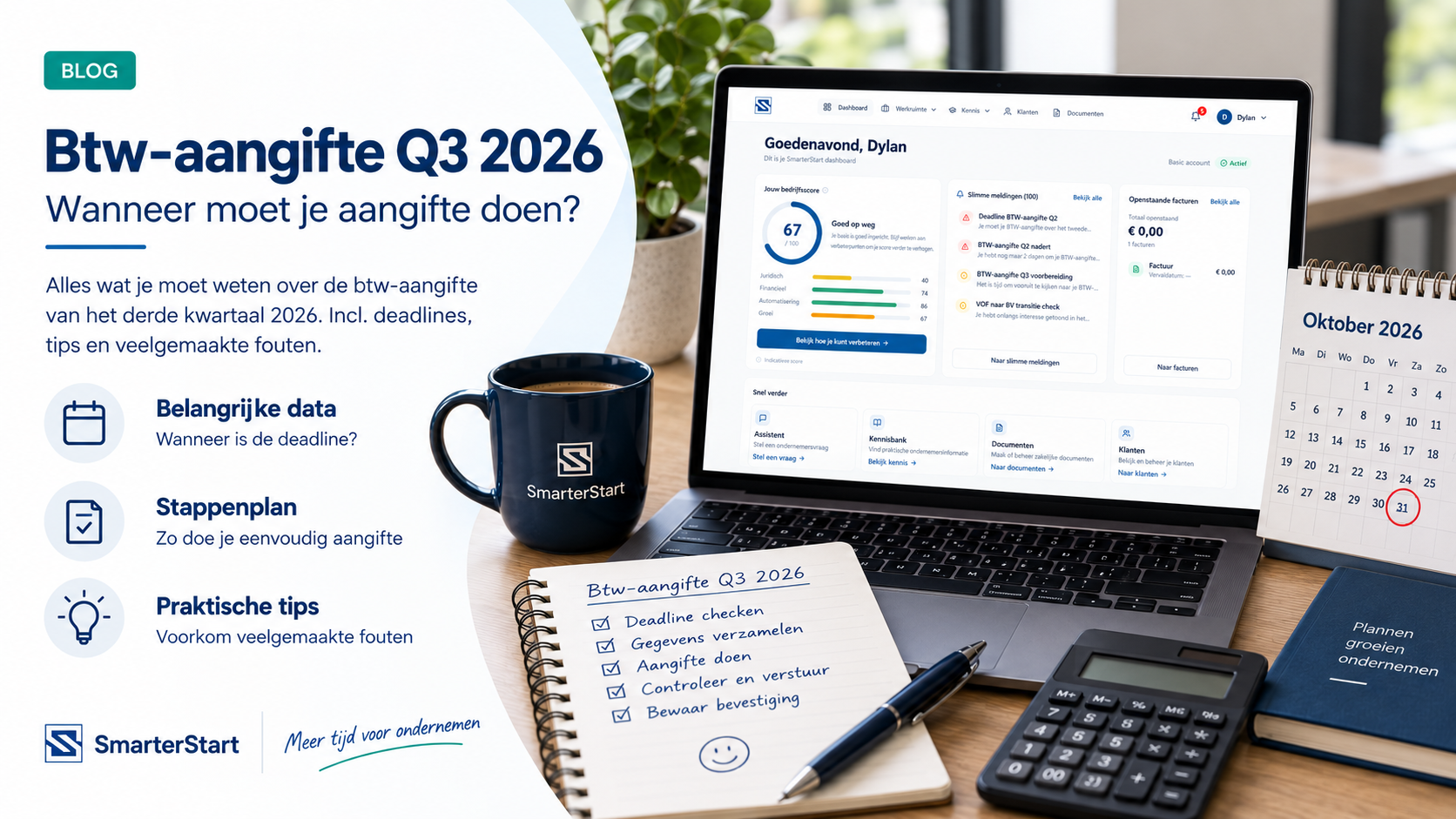 BTW-aangifte Q3 2026 promo: laptop with tax dashboard, notebook, mug, calculator, and calendar on desk