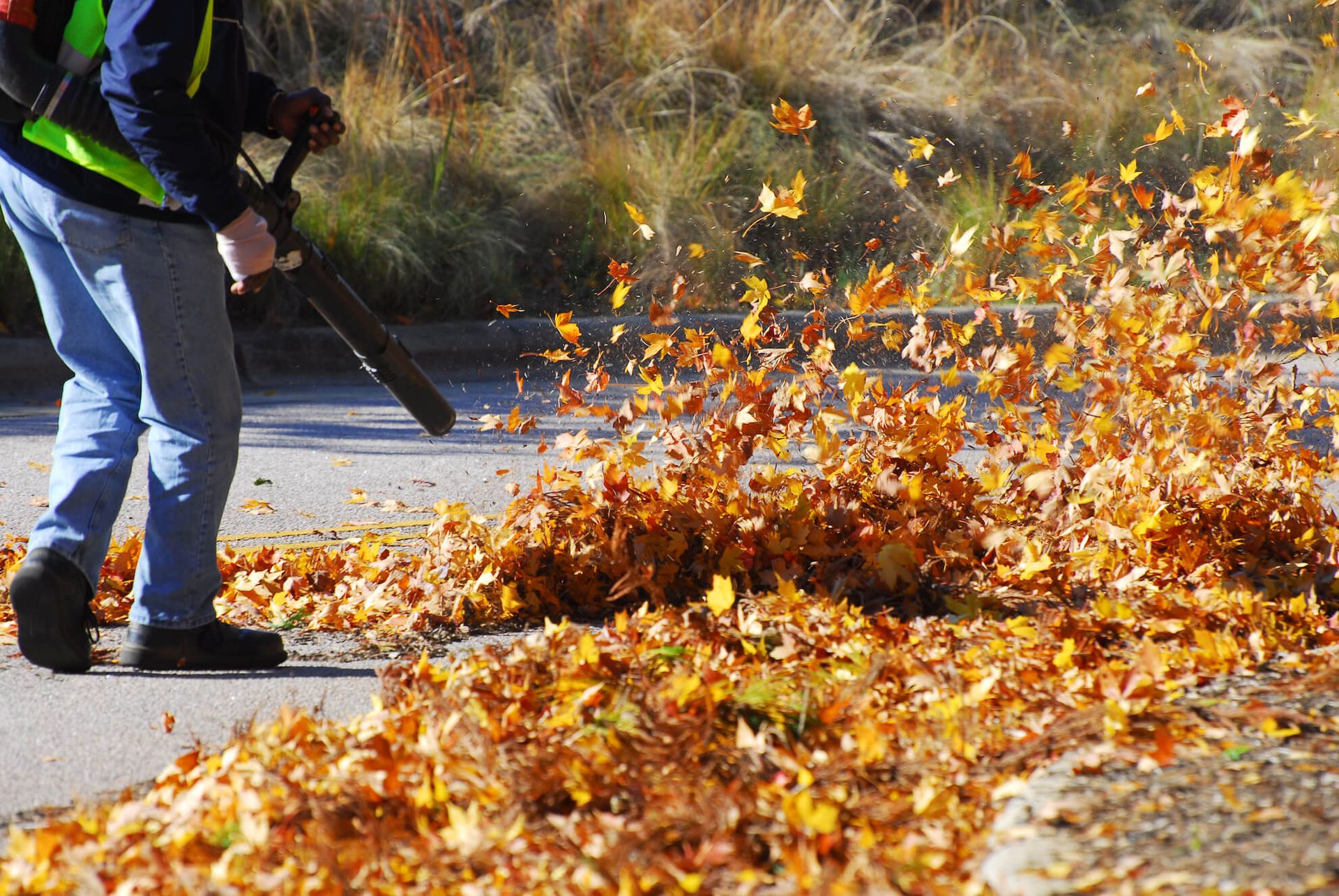 Worker using a leaf blower to clear orange autumn leaves from a roadside curb