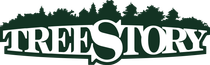 TreeStory logo in green and white with pine trees silhouette behind stylized text
